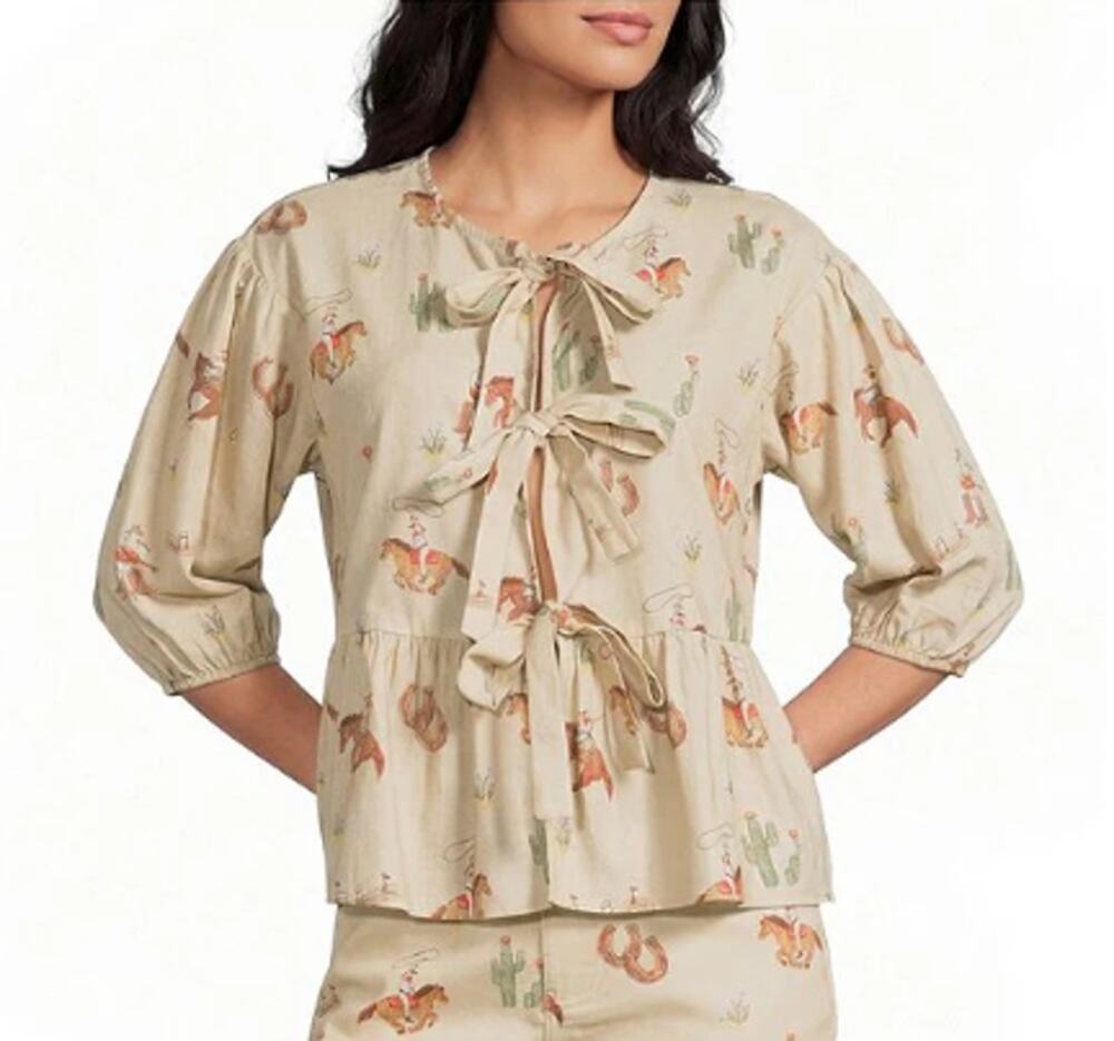 Bailey Rose Western Cowboy Horse Print Tie Shirt Womens Size Small